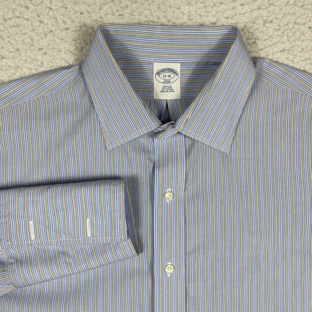 Brooks Brothers 346 Dress Shirt Mens 17/35 Blue White Striped Non-Iron Slim Fit